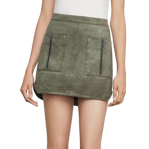 BCBGMaxazria Olive Green Patch Pocket Faux Suede Mini Skirt Women's Size Small - Picture 1 of 9